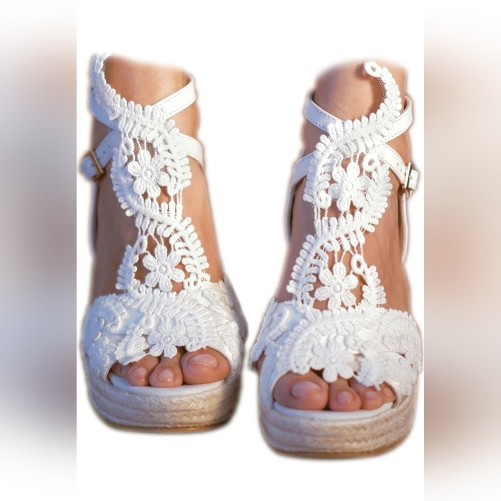 White Floral Lace Wedge Sandals